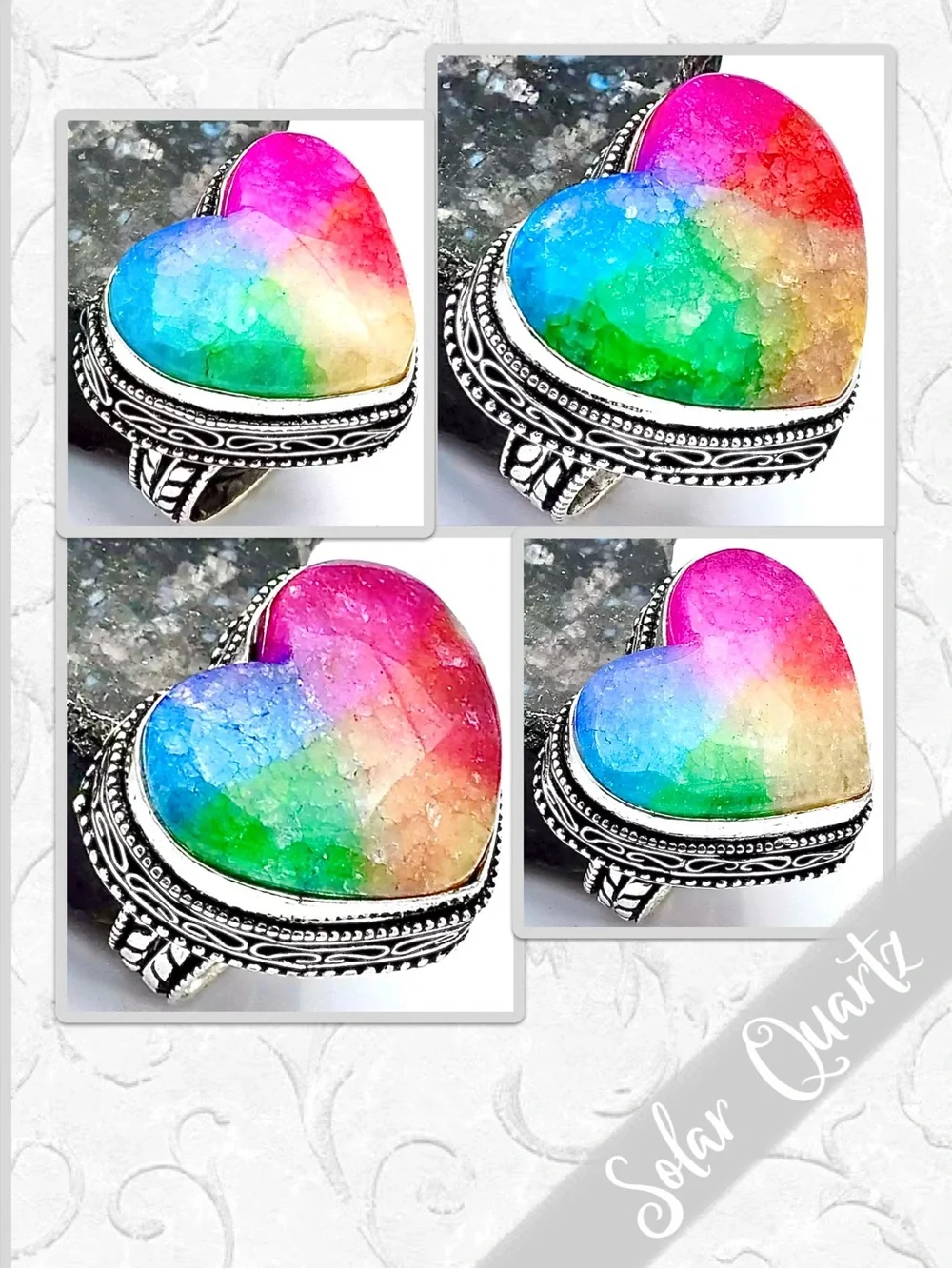 Rainbow Solar Quartz Silver Artisan Ring, Blue, Green, Yellow, Red, Pink, Purple